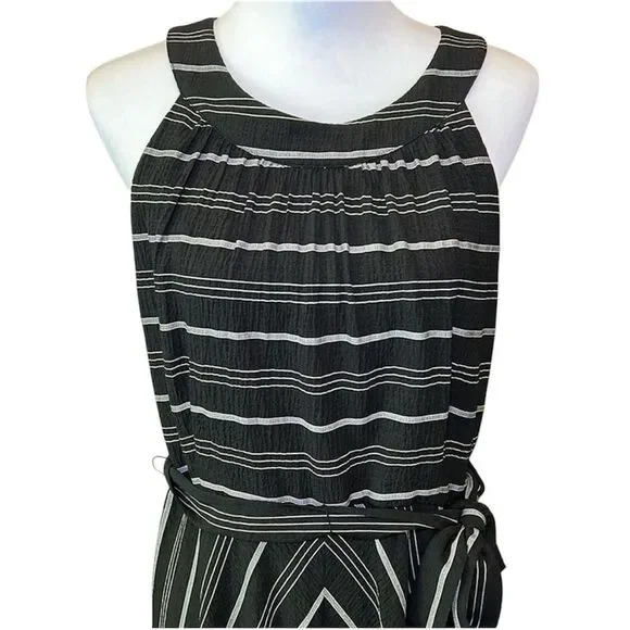 Tommy Hilfiger Halter Midi Dress Crinkle Gauze Belted Striped Black Gray 12 NWOT - Picture 10 of 16